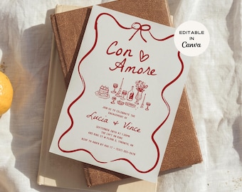 May include: An engagement announcement with red text and a decorative border, featuring the words "Con Amore" and the names "Lucia & Vince." The invitation includes event details and is labeled "Editable in Canva."