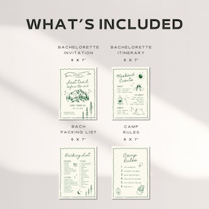 May include: A set of printable cards for a bachelorette party with a camping theme. The cards include a bachelorette invitation, itinerary, packing list, and camp rules. The cards are designed with a green and white color scheme and feature hand-drawn illustrations of a mountain, campfire, tent, and other camping elements.