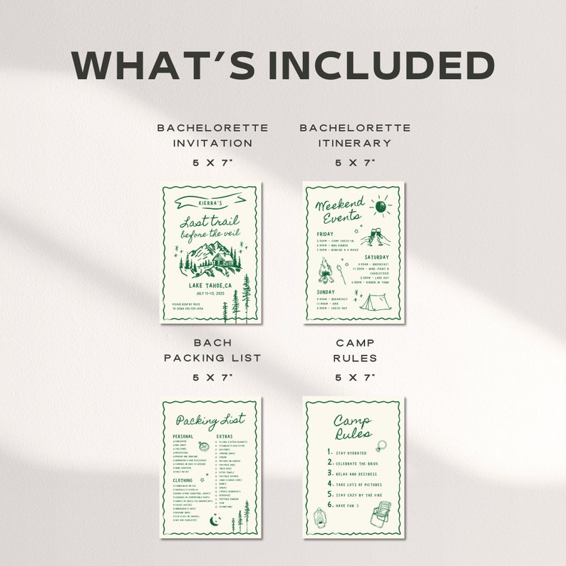 May include: A set of printable cards for a bachelorette party with a camping theme. The cards include a bachelorette invitation, itinerary, packing list, and camp rules. The cards are designed with a green and white color scheme and feature hand-drawn illustrations of a mountain, campfire, tent, and other camping elements.