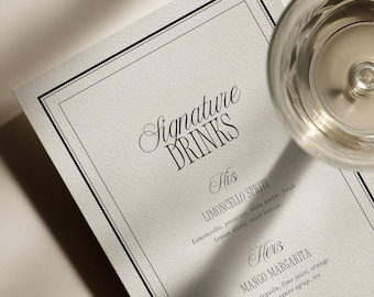 Old Money Black & Ivory Signature Drinks Sign Canva Template, Classic Wedding Cocktail Bar Menu Printable, Formal Reception Decor
