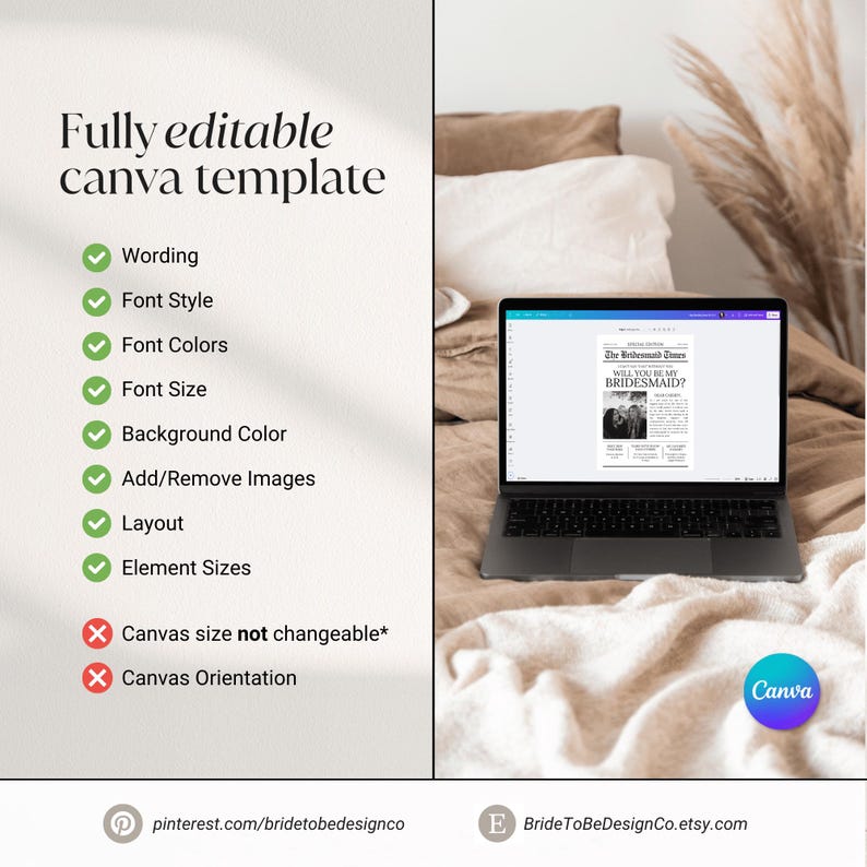 May include: A laptop displays a newspaper-style invitation that reads "Will You Be My Bridesmaid?" The image highlights the template's editable features: wording, font style, colors, size, background, images, layout, and element sizes. The Canva logo is visible.