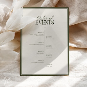 May include: A wedding order of events card with a green border and text. The card lists the schedule, including guest arrival, ceremony, cocktail hour, dinner, cake cutting, first dance, and grand exit. The words "Order of Events" are at the top.