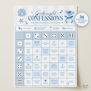 Peut inclure: Un plateau de jeu de dés bachelorette party Girls Night Confessions bleu clair et blanc avec une grille, des icônes de dés, des textes et des illustrations de coquillage, d'étoile de mer et de verre à martini. Un badge indique 36 défis.