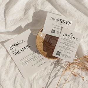 Minimalist Wedding Invitation Suite Template, Minimal Wedding Invitation Set, Modern QR Code Rsvp Cards, Elegant Wedding Details Card Bundle