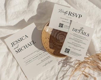 Minimalist Wedding Invitation Suite, Modern QR Code RSVP (Canva Template)