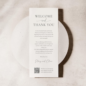 Wedding Thank You Card with Qr Code, Minimalist Welcome and Thank You Table Cards, Printable Reception Welcome Note, Place Setting Canva DIY
