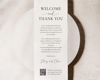 Wedding Thank You Card with Qr Code, Minimalist Welcome and Thank You Table Cards, Printable Reception Welcome Note, Place Setting Canva DIY