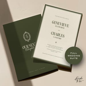 May include: An olive green wedding invitation suite. The invitation features the names Genevieve Ellsworth and Charles Langford, along with the ceremony and reception details. The words "Our Next Chapter" are also visible on the invitation.