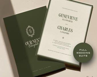Wedding Invitation Suite Canva Template, Olive Green Cream Elegant Invite Set, Classic Estate Wedding Printable, Instant Download