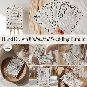 May include: A collection of white paper wedding stationery featuring black hand-drawn wavy borders and bow accents. The set includes engagement party signs, game cards, place cards, bar menus, and event schedules with black printed text and graphics.