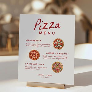 That's Amore Pizza Table Menu Sign Template, Pizza Bar Engagement Sign, Italian Buffet Reception Menu, Rehearsal Dinner Menu Template Canva