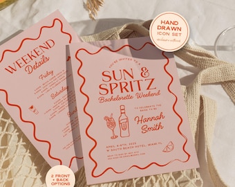 Sun and Spritz Bachelorette Invitation Template, Beach Bach Weekend Itinerary, Tropical Summer Girls Trip Invite, Editable Canva Template