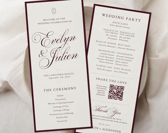 Elegant Wedding Program Template, Romantic Calligraphy Ceremony Program, Burgundy Wedding Program, Editable Canva Order of Ceremony