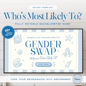 May include: A digital bachelorette game titled Who's Most Likely To? featuring a blue and white theme. The screen displays Isabella's Bachelorette Gender Swap with line art icons of a disco ball, seashells, and champagne flutes, plus a Start Game button.