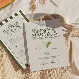 May include: A green and white striped card with the text "The Weekend Events" and a list of events for a bachelorette weekend. A second card with a green and white design features a martini glass with olives and the text "Join is for a Bikini's & Martini's Bachelorette Weekend" with the date "April 6-8, 2025" and the location "Orlando, FL". The text "Ava M&uuml;ller" is at the bottom of the card.