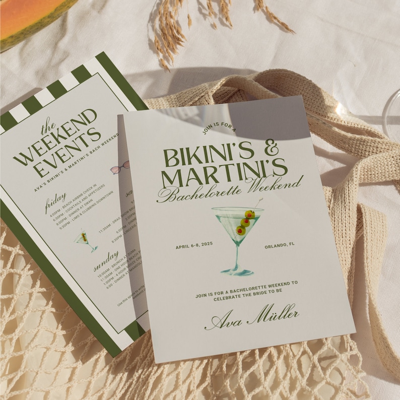 May include: A green and white striped card with the text "The Weekend Events" and a list of events for a bachelorette weekend. A second card with a green and white design features a martini glass with olives and the text "Join is for a Bikini's & Martini's Bachelorette Weekend" with the date "April 6-8, 2025" and the location "Orlando, FL". The text "Ava M&uuml;ller" is at the bottom of the card.