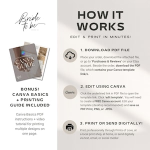 May include: A promotional graphic for a 'Bride to be' product. It includes a Canva Guide, instructions, and a video tutorial. The text highlights how to download, edit using Canva, and print or send digitally.