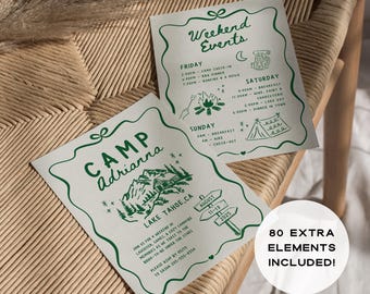 Camp Bachelorette Invite, Bachelorette Itinerary, Outdoorsy Bachelorette, Bridal Party, Girls Gone Wild, Printable and Mobile Canva Template