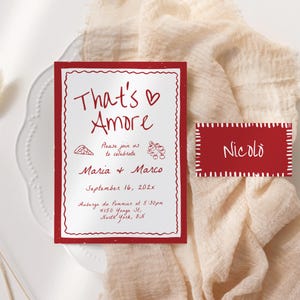 That's Amore Rehearsal Dinner Invitation and Menu Template, Pizza Engagement Party, Italian Dinner Party, Hand Drawn Name Place Cards Canva