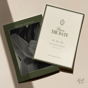 Puede incluir: Dos tarjetas de invitación de boda. Una tarjeta presenta una foto en blanco y negro de una pareja, con el texto "GENEVIEVE & CHARLES" y "11.16.26". La otra tarjeta tiene el texto "Save the Date" y "GENEVIEVE & CHARLES, TUSCANY, ITALY".