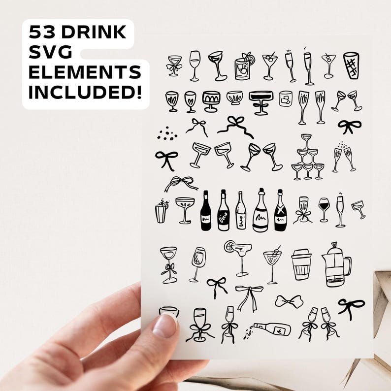 May include: A set of 53 black and white drink SVG elements, including glasses, bottles, and cocktail shakers. The elements are perfect for creating invitations, party decorations, or other projects.