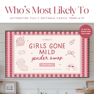 Può includere: Un modello di gioco per feste rosa e bianco con il testo "Who's Most Likely To". Il gioco si intitola "Girls Gone Mild gender swap" e include illustrazioni di una palla da discoteca, pigiami e calici di champagne.
