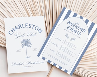 May include: Two cards with a blue and white striped design. The card on the left has a palm tree illustration and the text "Charleston Girls Club Est. 2023 Rachel's Bachelorette September 13-14". The card on the right has the text "The Weekend Events Rachel's Last Toast on the Coast" and a list of events for Friday, Saturday, and Sunday.