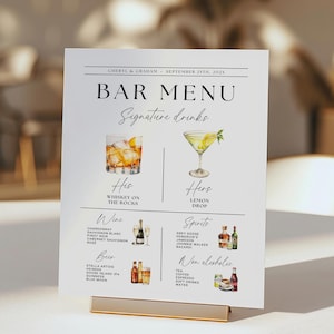 Wedding Bar Menu Template, Wedding Drink Menu Template, Signature Drink Sign, Open Bar Sign, Signature Cocktail Menu Canva, His and Hers