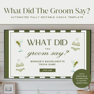 What Did The Groom Say Bachelorette Trivia Game, Bach Drinking Game Hens Party, Bikinis and Martinis Bache, Guess Who Said It Game Canva DIY