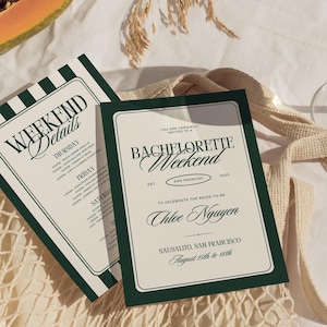 Old Money Aesthetic Green Bachelorette Itinerary Template, Trendy It Girl Invitation, Elegant Classic Girls Trip Itinerary Bach Canva DIY