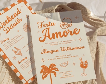 Orange Italian Bachelorette Invitation Template, Beach Bach Itinerary & Packing List, European Summer Party, Editable Canva Template