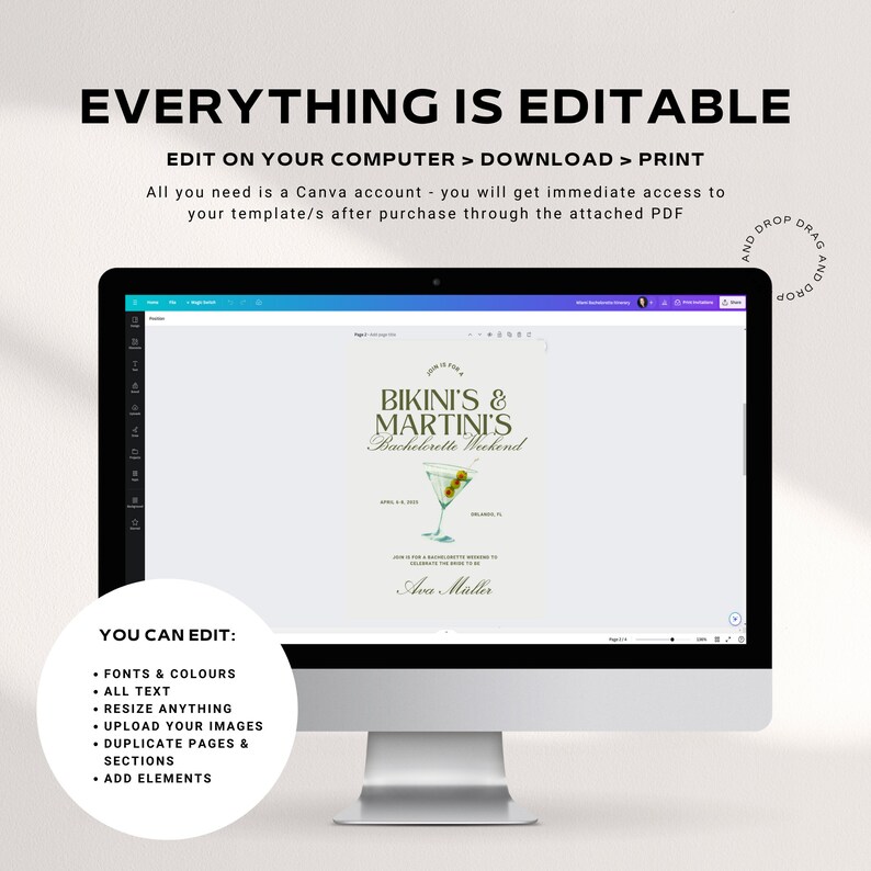May include: Editable template for a bachelorette party invitation. The invitation features a martini glass with olives and the text "Bikini's & Martini's Bachelorette Weekend". The text "You can edit:" is listed with bullet points of editable features, including fonts, colors, text, images, and elements.