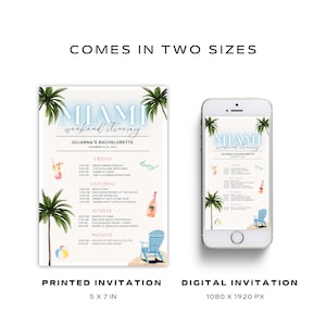 Peut inclure: Une invitation imprimable et num&eacute;rique pour un enterrement de vie de jeune fille &agrave; Miami. L'invitation pr&eacute;sente un th&egrave;me tropical avec des palmiers, une chaise de plage et un cocktail. Le texte sur l'invitation indique "Miami Weekend Itinerary" et "Julianna's Bachelorette".