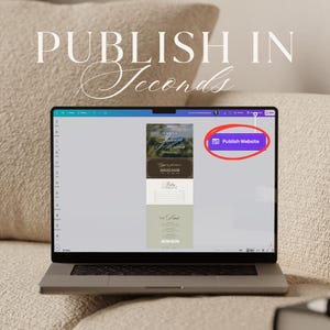 May include: A laptop displaying a website design with the text "Publish Website" highlighted. The screen shows a wedding website template with the text "Publish In Seconds" in the background.