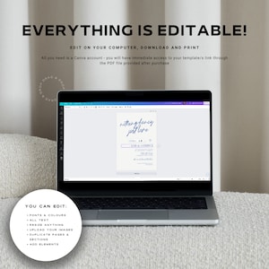 May include: A laptop computer displaying a Canva design template for a wedding invitation. The template features a light blue background with the text "nothing fancy just love" in a handwritten font. The text "LIES & CORRINE" is also included in the design. The text "YOU CAN EDIT" is displayed on the screen, along with a list of editable features, including fonts, colors, text, images, and elements.