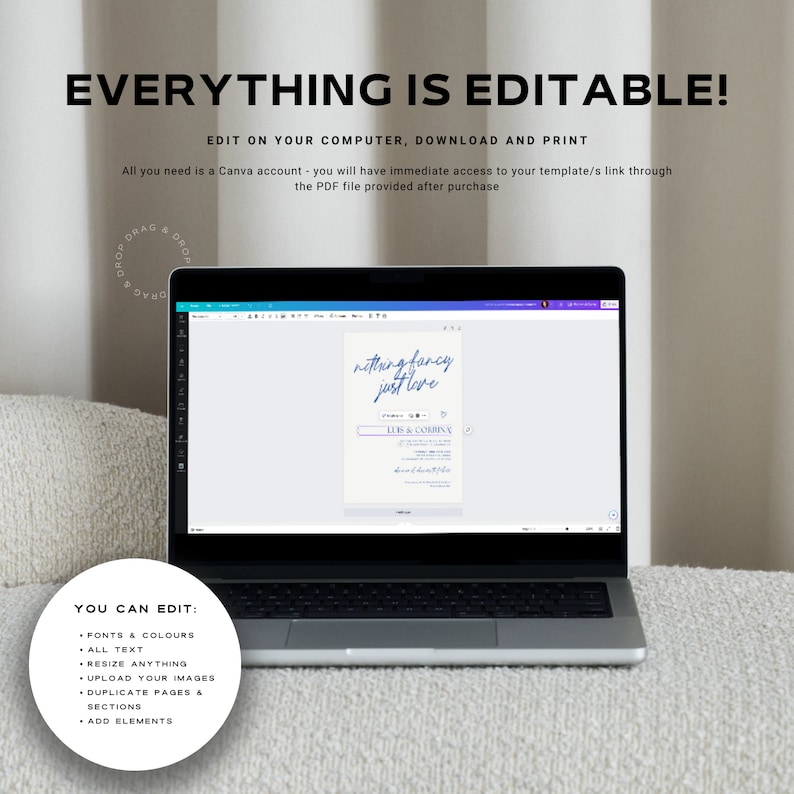 May include: A laptop computer displaying a Canva design template for a wedding invitation. The template features a light blue background with the text "nothing fancy just love" in a handwritten font. The text "LIES & CORRINE" is also included in the design. The text "YOU CAN EDIT" is displayed on the screen, along with a list of editable features, including fonts, colors, text, images, and elements.