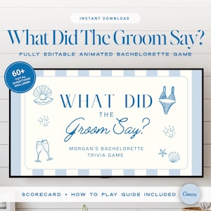 Peut inclure: Un jeu-questionnaire numérique pour enterrement de vie de jeune fille intitulé What Did The Groom Say? avec du texte bleu et des illustrations de bikini, coquillage et flûtes à champagne sur un fond rayé bleu clair et blanc.
