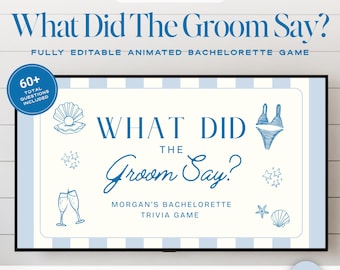What Did The Groom Say Game, Last Toast on the Coast Bachelorette Game, Beach Bach Trivia, Canva Template...