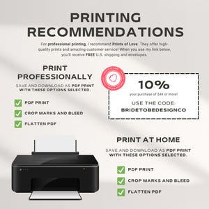 May include: A graphic with printing recommendations. The text includes "Print Professionally" and "Print at Home" options, with checkboxes for PDF print, crop marks, and flatten PDF. A black printer is shown. A pink heart-shaped logo is also present.