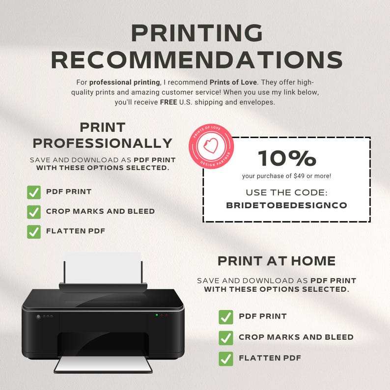 May include: A graphic with printing recommendations. The text includes "Print Professionally" and "Print at Home" options, with checkboxes for PDF print, crop marks, and flatten PDF. A black printer is shown. A pink heart-shaped logo is also present.