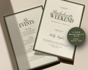 Olive Green Bachelorette Weekend Itinerary Template, Old Money StyleGirls Trip Invite, Elegant Bridal Party Schedule, Editable Canva Design