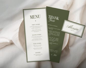 Olive Green Wedding Menu Template Set, Elegant Place Cards (Canva Editable Design)