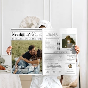May include: A black and white newspaper-style announcement for a wedding elopement. The headline reads "Newlywed News: The Elopement of the Year". The announcement features a photo of the couple, Dahlia and Chris, and includes details about their wedding, such as the date and location. The announcement also includes a guest spotlight section with information about the newlywed couple, the longest married couple, and the long-distance traveler.
