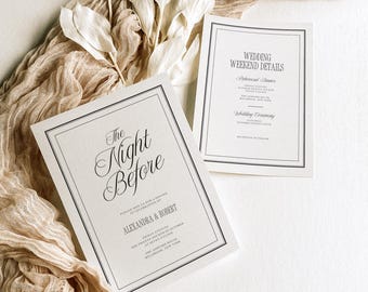 Old Money Rehearsal Dinner Invitation, Classic The Night Before Party & Wedding Weekend Details Card, Editable Canva Template