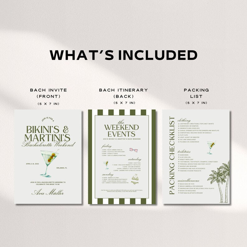 May include: A printable set of three cards for a bachelorette party. The first card is a green and white invitation with the text "Bikini's & Martini's Bachelorette Weekend". The second card is a green and white itinerary with the text "The Weekend Events". The third card is a green and white packing list with the text "Packing Checklist".