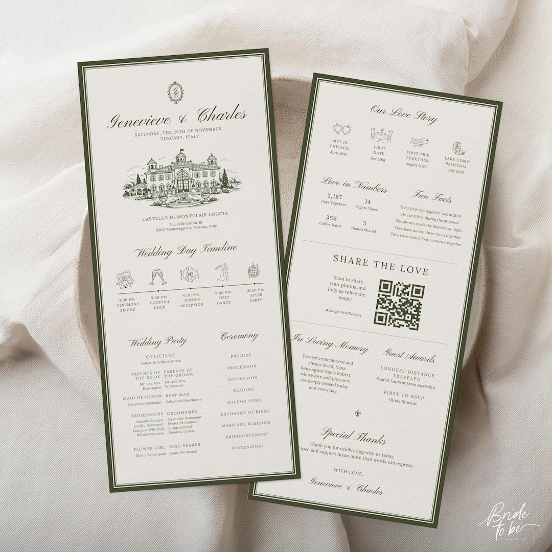 Old Program Template Old Money Inspired Olive Green Wedding Program Template, Editable Canva ...