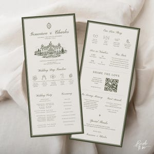 Old Money Inspired Olive Green Wedding Program Template, Editable Canva Timeline, 4x9 Printable Ceremony Program
