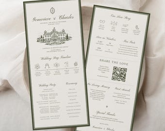 Old Money Inspired Olive Green Wedding Program Template, Editable Canva Timeline, 4x9 Printable Ceremony Program