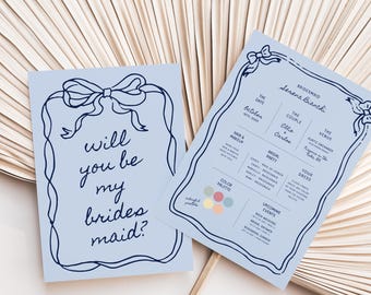 Blue Bow Bridesmaid Proposal Card Template, Will You Be My Bridesmaid, Bow Bridesmaid Proposal Cards, Hand Drawn Maid of Honor Proposal DIY