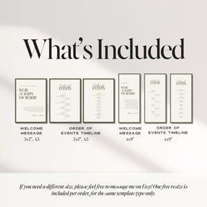 May include: A display of six framed event templates. The text "What's Included" is at the top. The templates include welcome messages and order of events timelines in various sizes, including 5x7 inches and 1x9 inches.